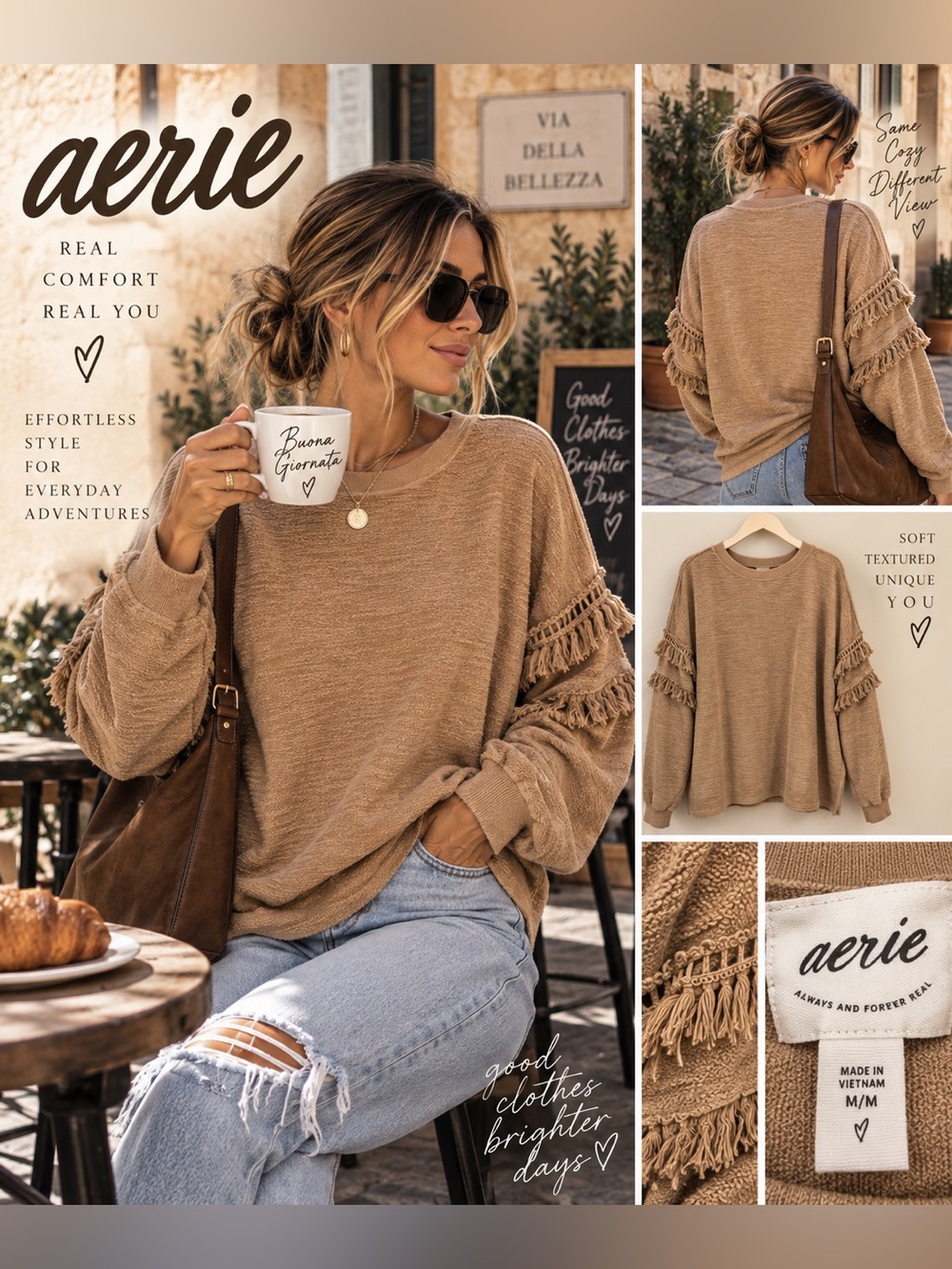 Aerie Fringe Sleeve Textured Sweatshirt Size M Camel Tan Boho Pullover